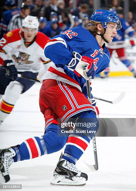 Carl Hagelin of the New York Rangers skates against the Florida Panthers at Madison Square Garden on November 10, 2013 in New York City.