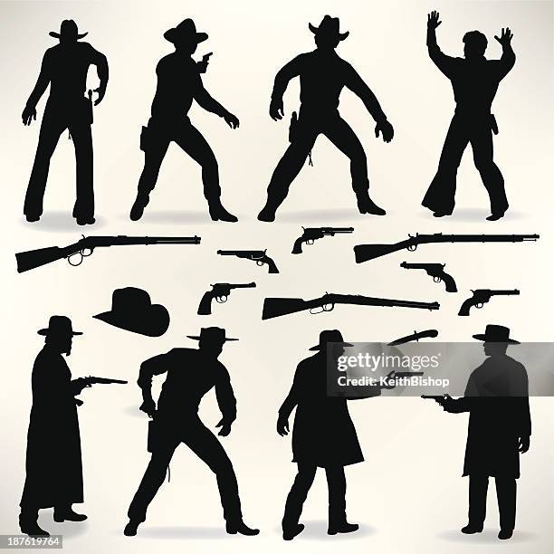 western cowboy gunslingers - gun fight, outlaws - cowboys stock illustrations