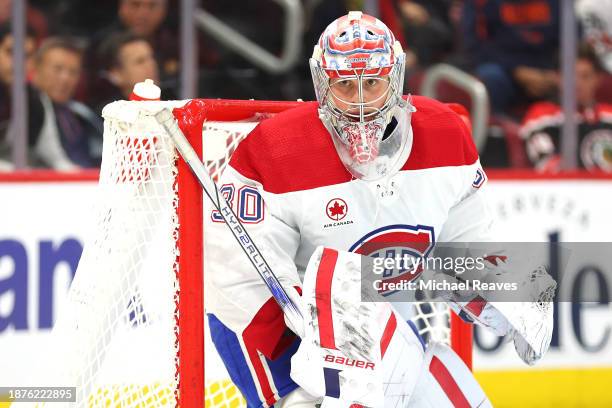 Cayden Primeau of the Montreal Canadiens tends the net against the Chicago Blackhawks during the third period at the United Center on December 22,...