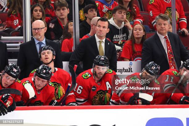 Head coach Luke Richardson of the Chicago Blackhawks looks on against the Montreal Canadiens during the third period at the United Center on December...