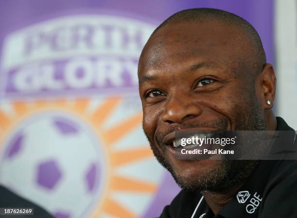 New Perth Glory A-League recruit William Gallas talks to the media at a press conference at Cape Lamberts Gold offices on November 11, 2013 in Perth,...