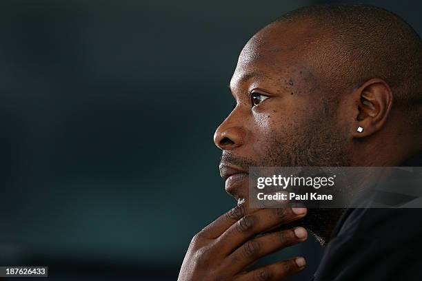 New Perth Glory A-League recruit William Gallas talks to the media at a press conference at Cape Lamberts Gold offices on November 11, 2013 in Perth,...