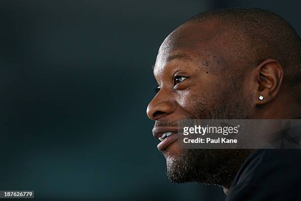 New Perth Glory A-League recruit William Gallas talks to the media at a press conference at Cape Lamberts Gold offices on November 11, 2013 in Perth,...