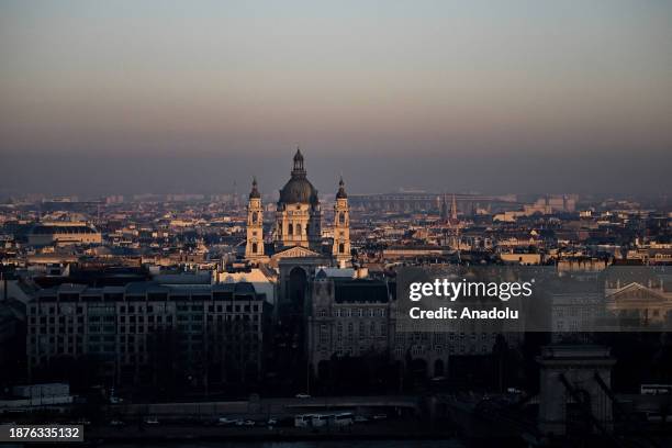 General view of Szent Istvan Bazilika during sunset in Budapest, Hungary on December 25, 2023.