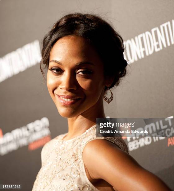 Actress Zoe Saldana arrives at the 7th Annual Hamilton Behind The Camera Awards at The Wilshire Ebell Theatre on November 10, 2013 in Los Angeles,...