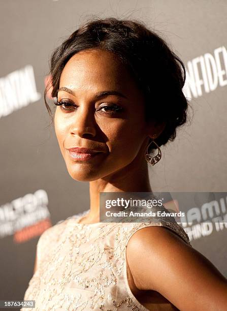 Actress Zoe Saldana arrives at the 7th Annual Hamilton Behind The Camera Awards at The Wilshire Ebell Theatre on November 10, 2013 in Los Angeles,...