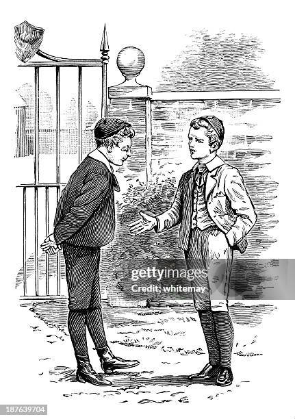 two victorian schoolboys talking - school gate stock illustrations
