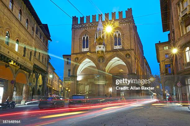 palazzo della mercanzia at dusk - bologna italy stock pictures, royalty-free photos & images