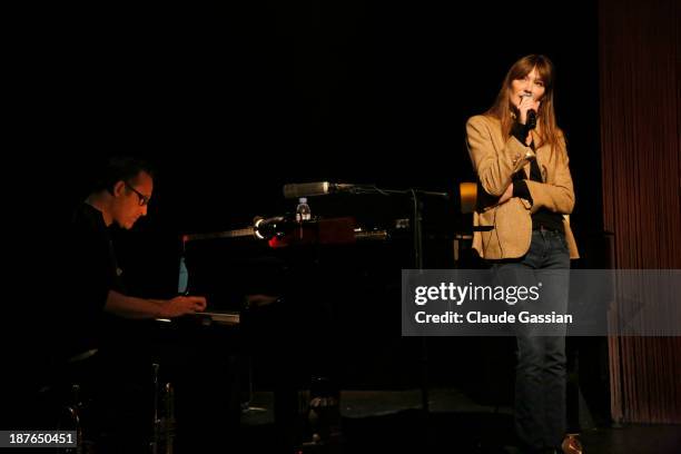 Singer Carla Bruni is photographed exclusively during rehearsals prior to performing in concert at the Espace Carpeaux on November 8, 2013 in...