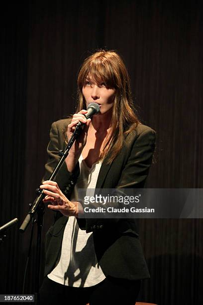 Singer Carla Bruni is photographed exclusively during rehearsals prior to performing in concert at the Espace Carpeaux on November 8, 2013 in...