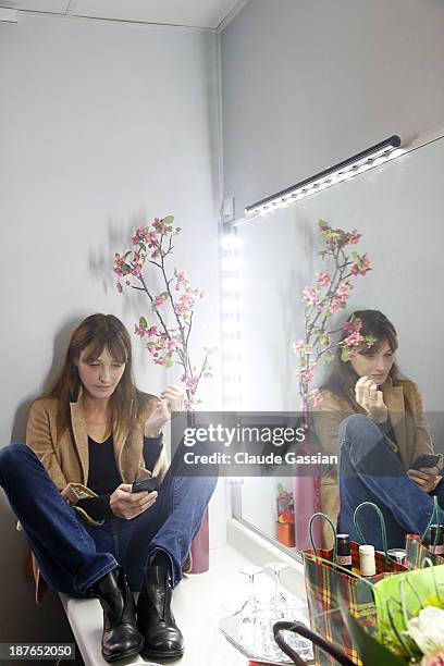 Singer Carla Bruni is photographed exclusively during rehearsals prior to performing in concert at the Espace Carpeaux on November 8, 2013 in...