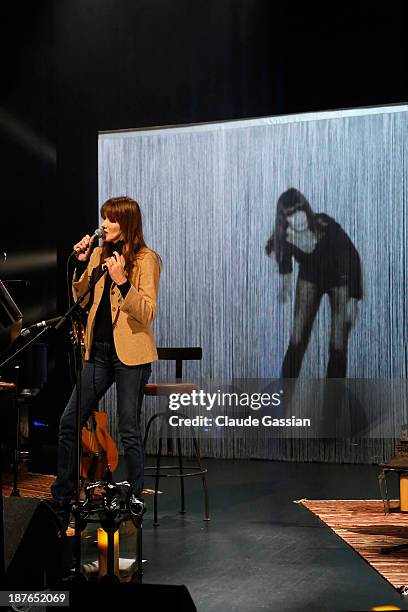 Singer Carla Bruni is photographed exclusively during rehearsals prior to performing in concert at the Espace Carpeaux on November 8, 2013 in...