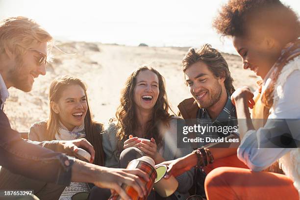 smiling friends relaxing at beach - david swallow stock pictures, royalty-free photos & images