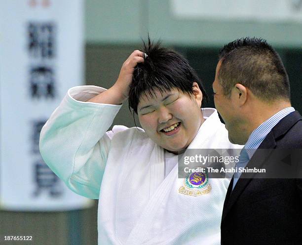 Sara Asahina celebrates winning the Women's +78kg category during day one of the Kodokan Cup Judo Championships by weight category at Chiba Port...