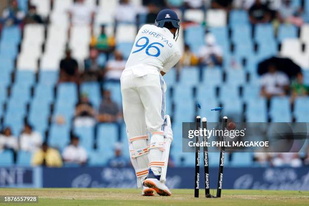 India's Shreyas Iyer is bowled by South Africa's Kagiso Rabada during the first day of the first cricket Test match between South Africa and India at...