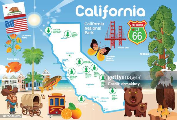 illustrazioni stock, clip art, cartoni animati e icone di tendenza di poster dei simboli della california - grande bacino degli stati uniti occidentali