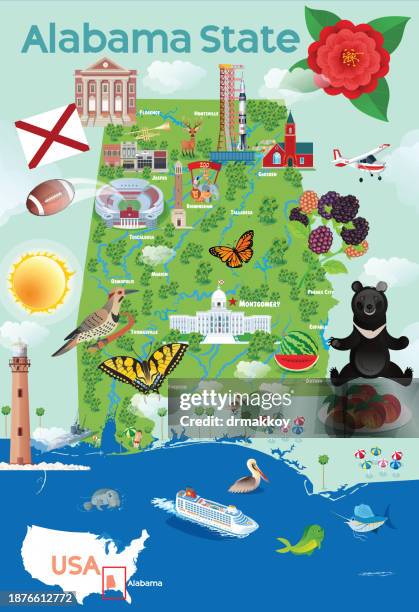 alabama state travel map - mobile alabama stock illustrations