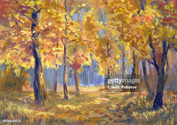 sunny day in the autumn forest, painting in the style of impressionism - oil paint stock illustrations