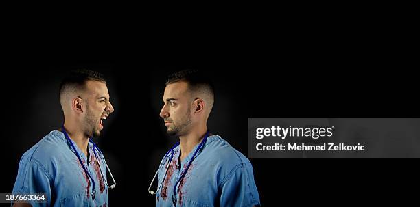 doctor arguing with himself dilema - doctor multiple exposure stock pictures, royalty-free photos & images