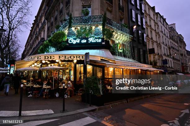 The Café de Flore storefront on Boulevard saint Germain is seen decorated for Christmas on December 25, 2023 in Paris, France.