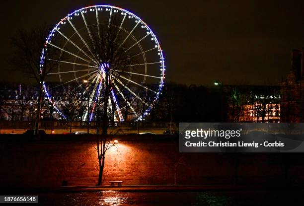 The Grande Roue Quai de seine storefront on Garden Tuilerie is seen decorated for Christmas on December 25, 2023 in Paris, France.