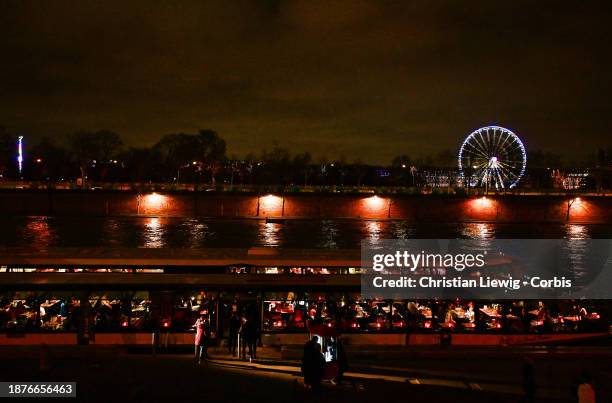 The Grande Roue Quai de seine storefront on Garden Tuilerie is seen decorated for Christmas on December 25, 2023 in Paris, France.