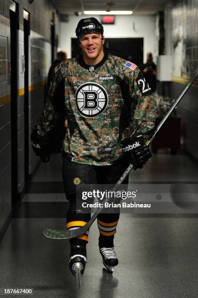 Shawn Thornton of the Boston Bruins wears a camo jersey in the hallway before warm ups prior to the game against the Tampa Bay Lightning at the TD...