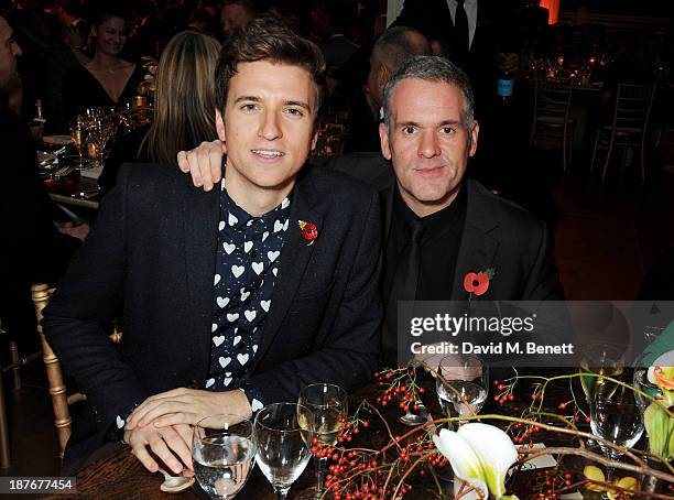 Greg James and Chris Moyles attend the BBC Children in Need Gala hosted by Gary Barlow at The Grosvenor House Hotel on November 11, 2013 in London,...