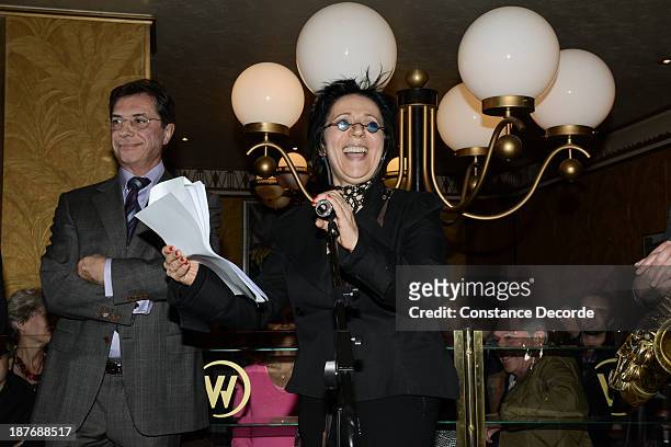 Marie-Rose Guarnieri, Prix Wepler creator, and Michel Bessiere, Wepler restaurant's owner, speakingon the Prix Wepler 2013 Literary Prize award...