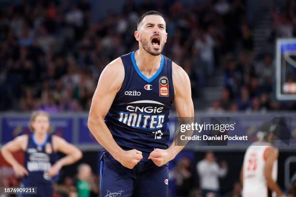 Chris Goulding of United celebrates a three pointer during the round 12 NBL match between Melbourne United and Perth Wildcats at John Cain Arena, on...