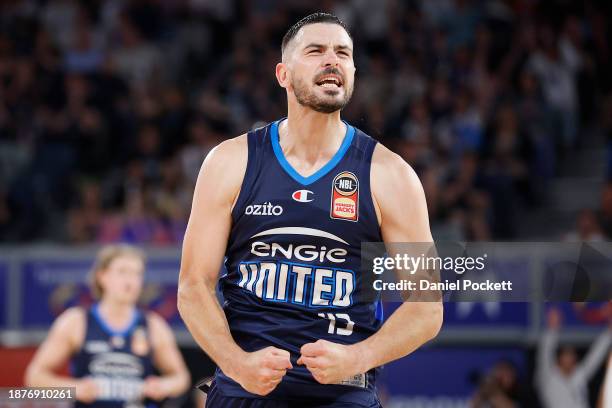 Chris Goulding of United celebrates a three pointer during the round 12 NBL match between Melbourne United and Perth Wildcats at John Cain Arena, on...