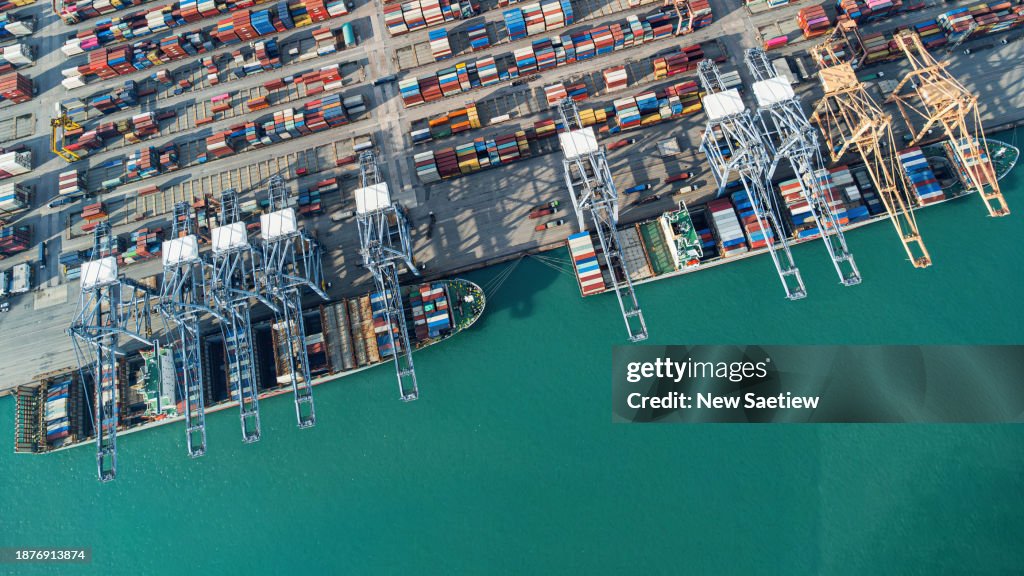 Aerial View Of Containerized Cargo Handling And Freight Transportation ...