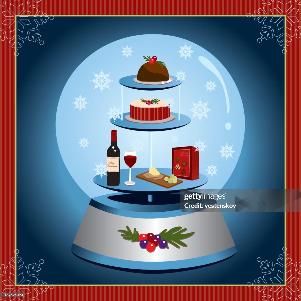 Elegant traditional christmas party food in snow globe