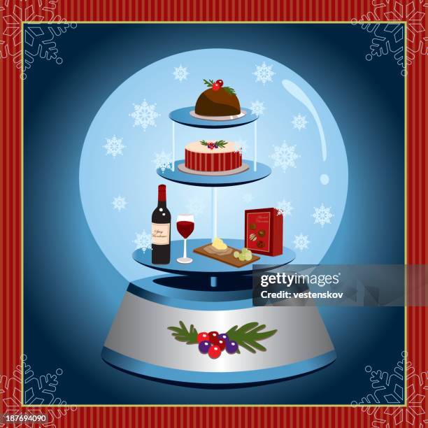 elegant traditional christmas party food in snow globe - vector cheese and crackers stock illustrations