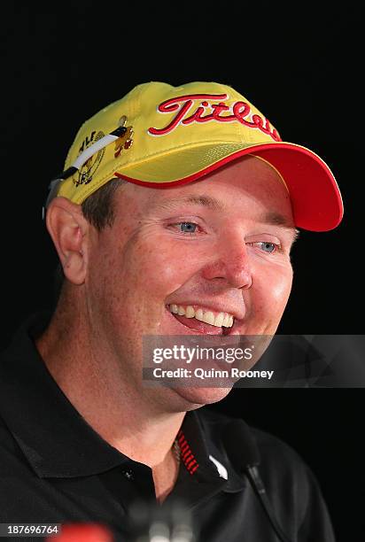 Jarrod Lyle of Australia speaks to the media during previews ahead of the 2013 Australian Masters at Royal Melbourne Golf Course on November 12, 2013...