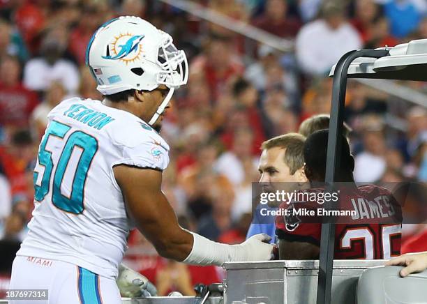 Olivier Vernon of the Miami Dolphins talks to Mike James of the Tampa Bay Buccaneers as he is taken off of the field after being injured in the first...