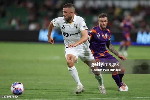 Matthew Jurman of Macarthur FC controls the ball during the A-League Men round nine match between Perth Glory and Macarthur FC at HBF Park, on...