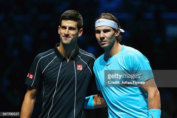 Novak Djokovic of Serbia and Rafael Nadal of Spain pose prior to their men's singles final match during day eight of the Barclays ATP World Tour...