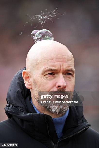 Erik ten Hag, Manager of Manchester United, looks on prior to the Premier League match between West Ham United and Manchester United at London...