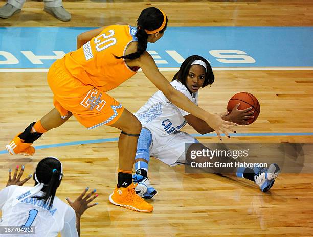 Isabelle Harrison of the Tennessee Lady Vols pressures Brittany Rountree of the North Carolina Tar Heels during play at Carmichael Arena on November...