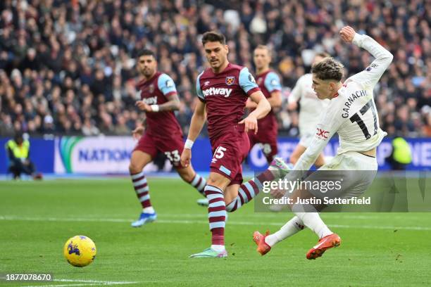 Alejandro Garnacho of Manchester United shoots but misses during the Premier League match between West Ham United and Manchester United at London...