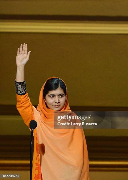 Malala Yousafzai appears onstage at Glamour's 23rd annual Women of the Year awards on November 11, 2013 in New York City.