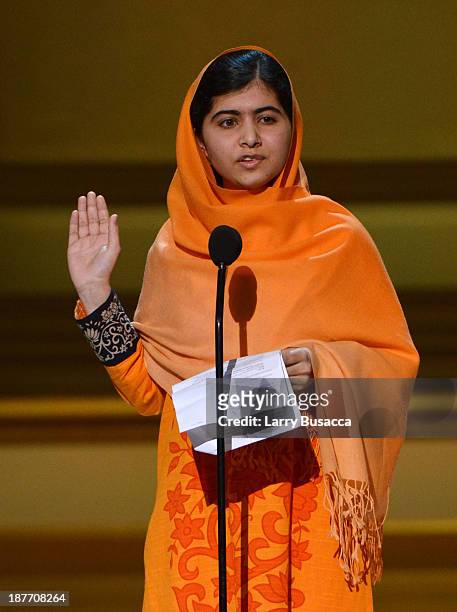Malala Yousafzai appears onstage at Glamour's 23rd annual Women of the Year awards on November 11, 2013 in New York City.