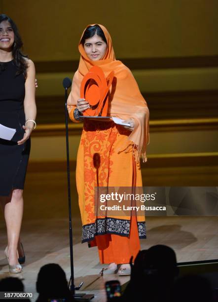 Malala Yousafzai appears onstage at Glamour's 23rd annual Women of the Year awards on November 11, 2013 in New York City.