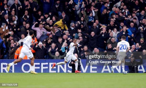 Crysencio Summerville of Leeds United celebrates scoring their team's third goal from a penalty kick during the Sky Bet Championship match between...