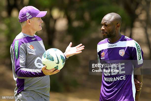 William Gallas of the Glory talks with coach Alistair Edwards after a Perth Glory A-League training session at McGillivray Oval on November 12, 2013...