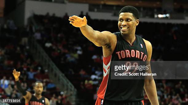 Rudy Gay of the Toronto Raptors fights for a call during the game against the Houston Rockets at Toyota Center on November 11, 2013 in Houston,...