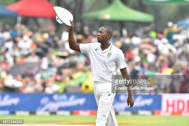 Kagiso Rabada reacts in reciprocation for the respect emanating from the fans as he ends his over with his 5th wicket during day 1 of the 1st test...