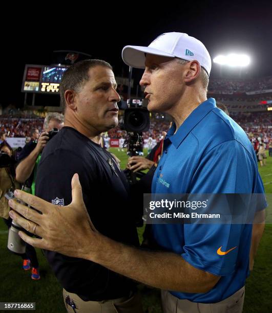 Head coach Greg Schiano of the Tampa Bay Buccaneers shakes hands with head coach Joe Philbin of the Miami Dolphins during a game at Raymond James...