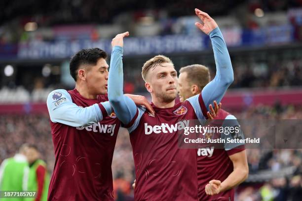 Jarrod Bowen of West Ham United celebrates after scoring their team's first goal during the Premier League match between West Ham United and...